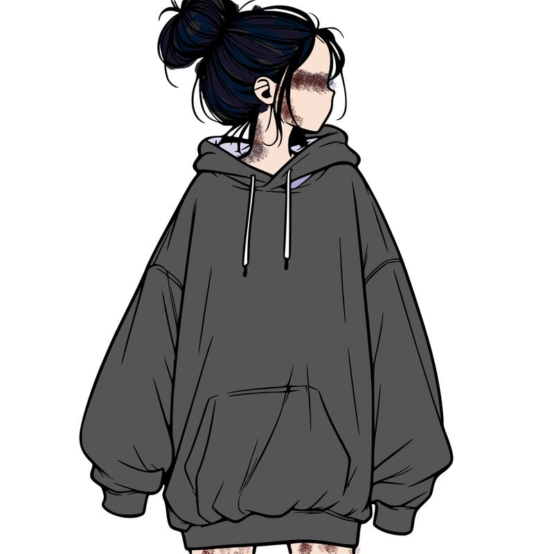 realistic girl with a oversized sweatshirt on and a bun