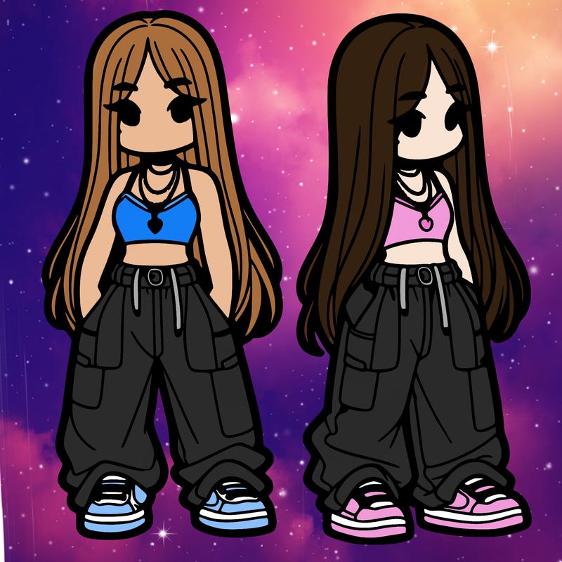 girl in baggy pants crop top and long hair