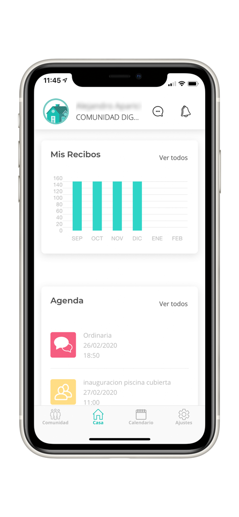 TucomunidApp - 커뮤니티 영수증 막대 차트와 예정된 이벤트가 포함된 안건을 보여주는 TucomunidApp 대시보드