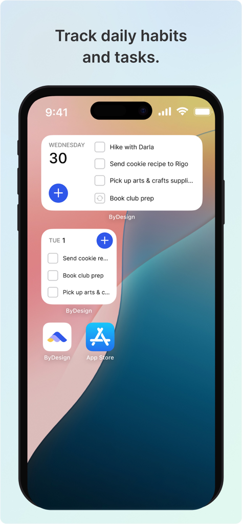 ByDesign: ToDo List & Calendar - Pantalla de inicio del iPhone con widgets de ByDesign que muestran una lista de tareas diarias y un horario.