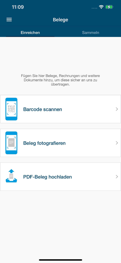 Debeka Gesundheit app screen showing options for barcode scanning, photographing receipts, and uploading PDF documents
