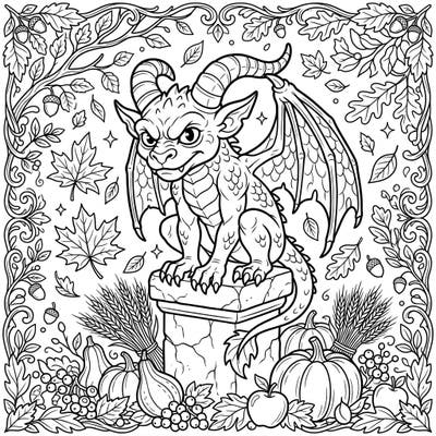 Journey into a mystical autumn scene with this unique horned gargoyle coloring page. It's perfectly nestled amidst a bountiful harvest of fall leaves, pumpkins, and seasonal delights, ready for your creative touch.