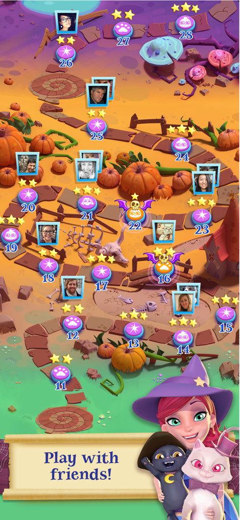 A whimsical game level map showing social progress with friends profile pictures and a play with friends banner.