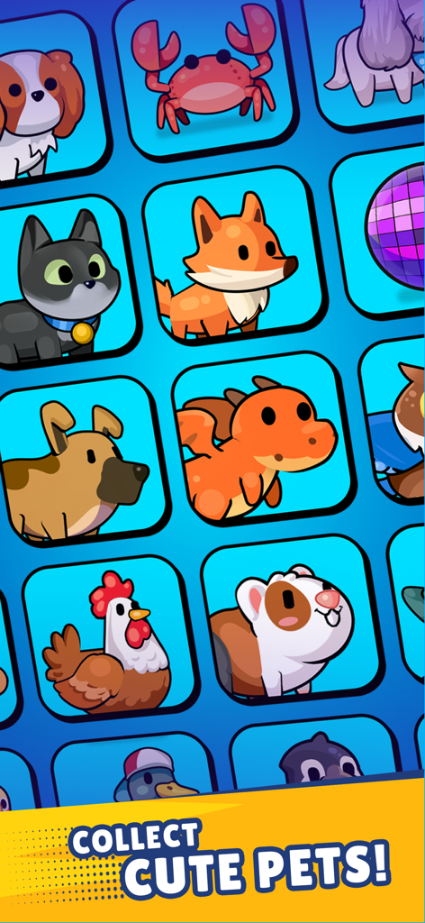 A grid of colorful cartoon animal icons to collect in Pocket Land featuring a dog cat fox and dragon