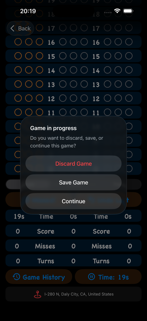 Cricket Darts Chalkboard app interface showing game in progress options including discard and save