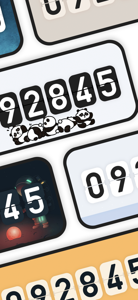 Flip clock & clock widget - A variety of flip clock themes including minimalist designs and illustrations of pandas and an astronaut