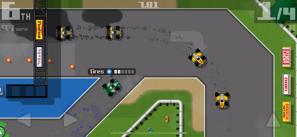 Retro Racing 2 - Eine Top-Down-Ansicht mehrerer Autos, die auf einer Asphaltstrecke in Retro Racing 2 fahren.