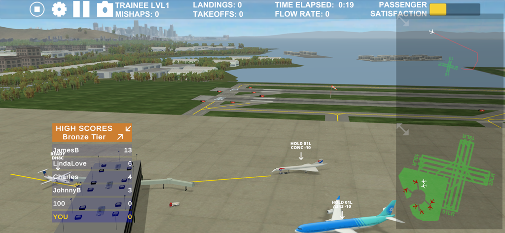 Airport Madness 3D 2 - レーダーマップとハイスコアとともに、滑走路上の航空機を示す航空交通管制シミュレーションのトップダウンビュー。
