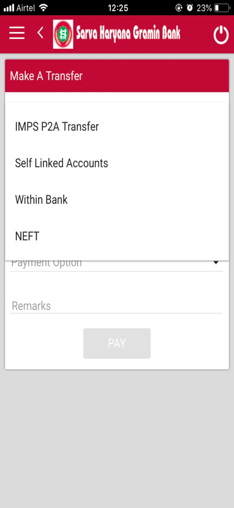Fund transfer menu in the SHGB mBanking app showing options for IMPS and NEFT