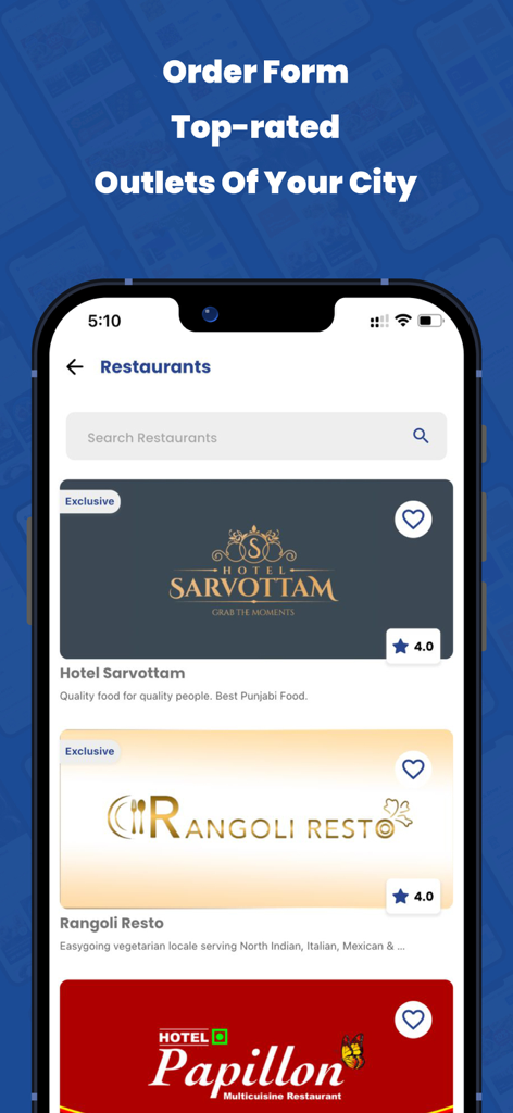 SendMe app interface displaying top-rated local restaurant listings with ratings.