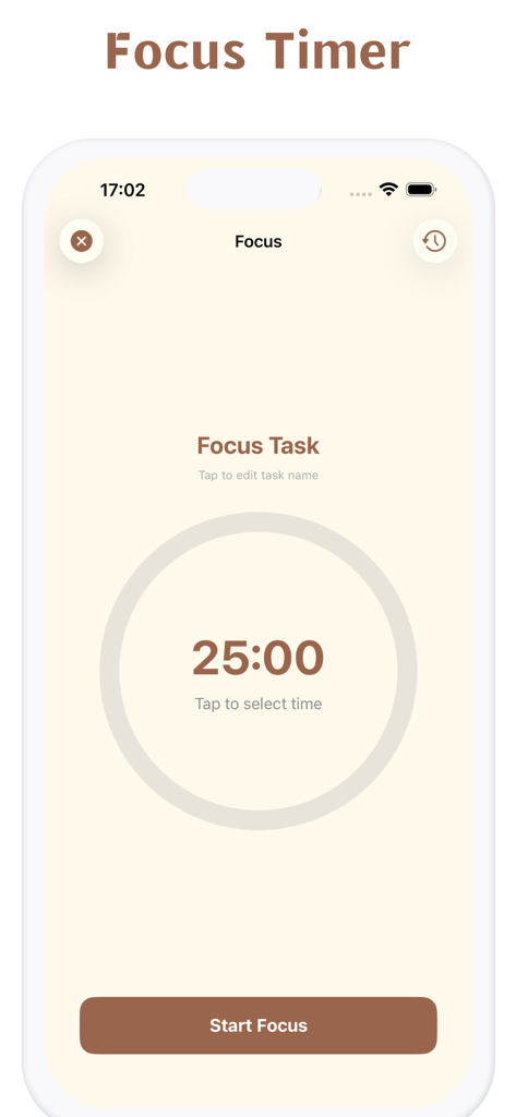 DrawFish – Cyber Fish Tank - DrawFish-App-Fokus-Timer-Bildschirm mit einem fünfundzwanzigminütigen kreisförmigen Countdown und einer Schaltfläche zum Starten des Fokus