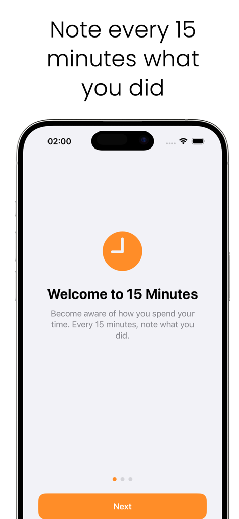 Écran d'accueil de l'application 15 Minutes Timer Tracker sur un iPhone