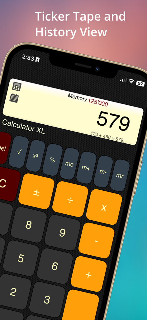 Calculator XLt - Calculator XLt interface on iPhone displaying the ticker tape history and large buttons