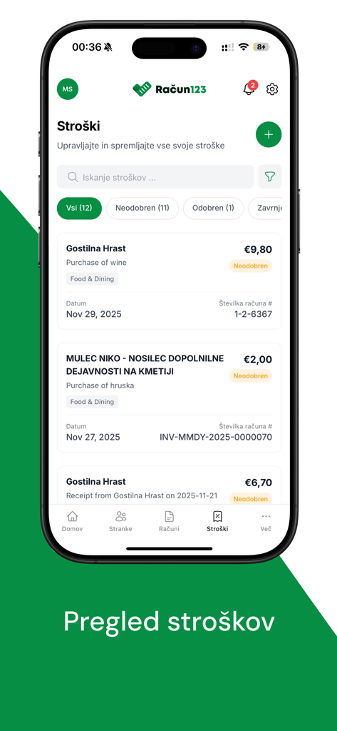 Račun123 - Interfaz de la app móvil Račun123 que muestra la pantalla de gestión de gastos con una lista de costos comerciales y filtros de estado