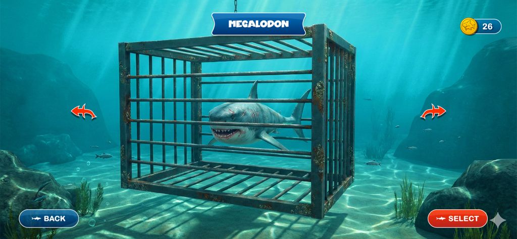Angry Megalodon Shark Attack - Character selection menu featuring a scarred Megalodon shark in an underwater metal cage
