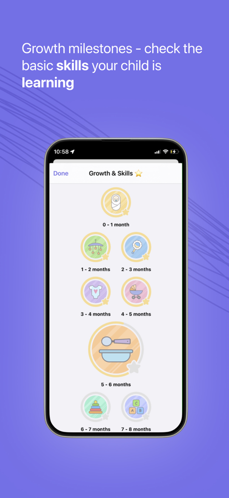 Mommy - Baby Tracker & Diary - Pantalla de smartphone que muestra hitos de crecimiento del bebé y habilidades de desarrollo desde el nacimiento hasta los ocho meses en la interfaz de la aplicación Mommy.