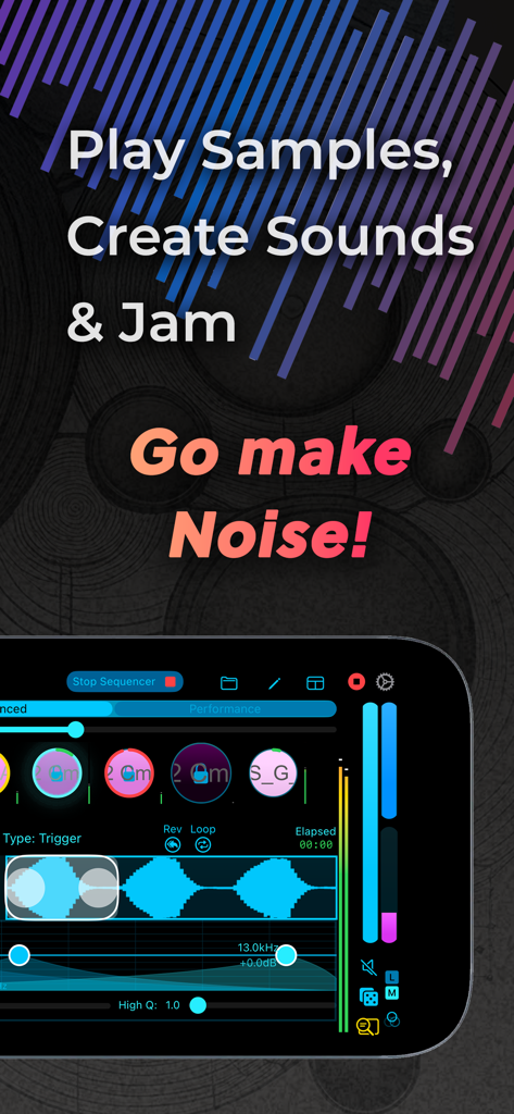Samposium: Performance Sampler - Smartphone screen displaying the Samposium music performance sampler interface with audio waveforms and touch controls
