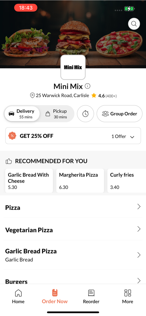 Mini Mix - The Mini Mix app interface showing a restaurant menu with pizza and burger options and a twenty five percent discount banner.