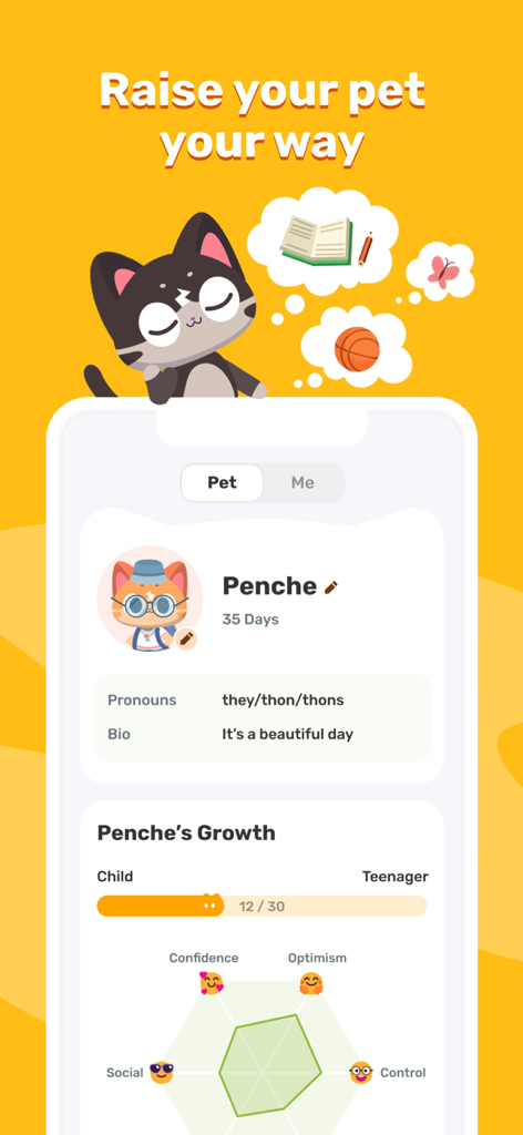 EaseMe:Self Care Pet Cat - EaseMe app screen displaying virtual pet profile growth levels and personality traits radar chart