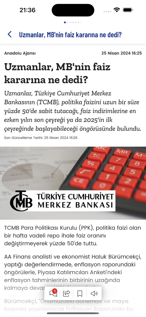Memurlar.net: Maaş, Ilan, Kamu - News article about the Turkish Central Bank interest rate decision on the Memurlar.net app.