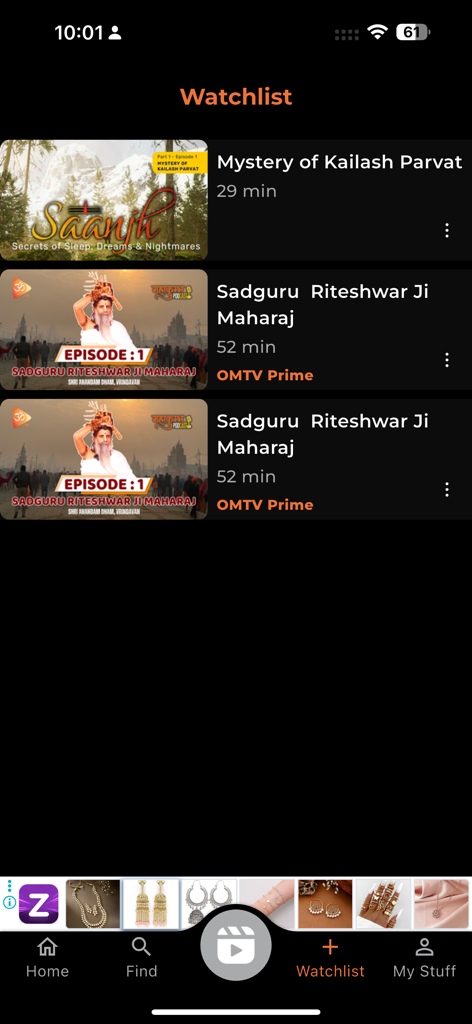 Pantalla de lista de seguimiento de la aplicación OM TV con documentales espirituales y conferencias sobre Dharma Sanatan