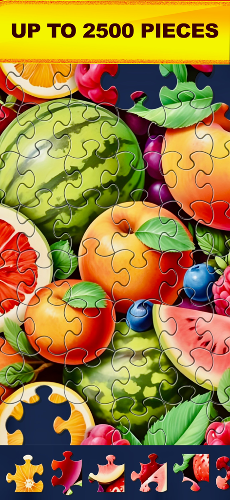 A digital jigsaw puzzle of colorful fruits being solved with a banner showing it supports up to 2500 pieces