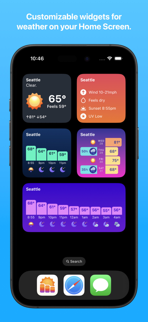 Uma coleção de widgets coloridos e personalizáveis do Hello Weather em uma tela inicial do iPhone.
