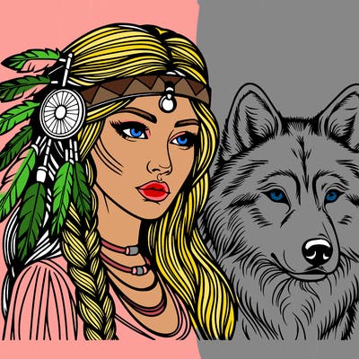 realistic native american woman with wolf