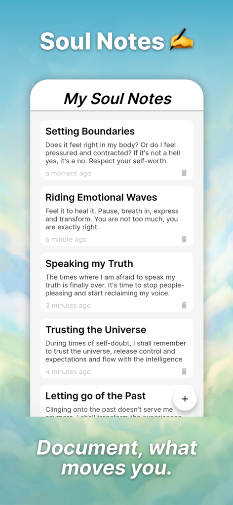 New Earth App: Higher Self AI - Una lista de entradas de diario espiritual en la sección Notas del Alma de la App New Earth que muestran temas como establecer límites y olas emocionales.