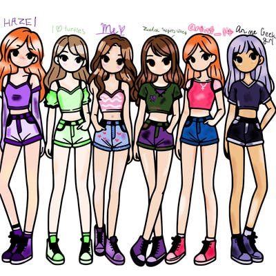 a group of girls wearing crop tops and shorts