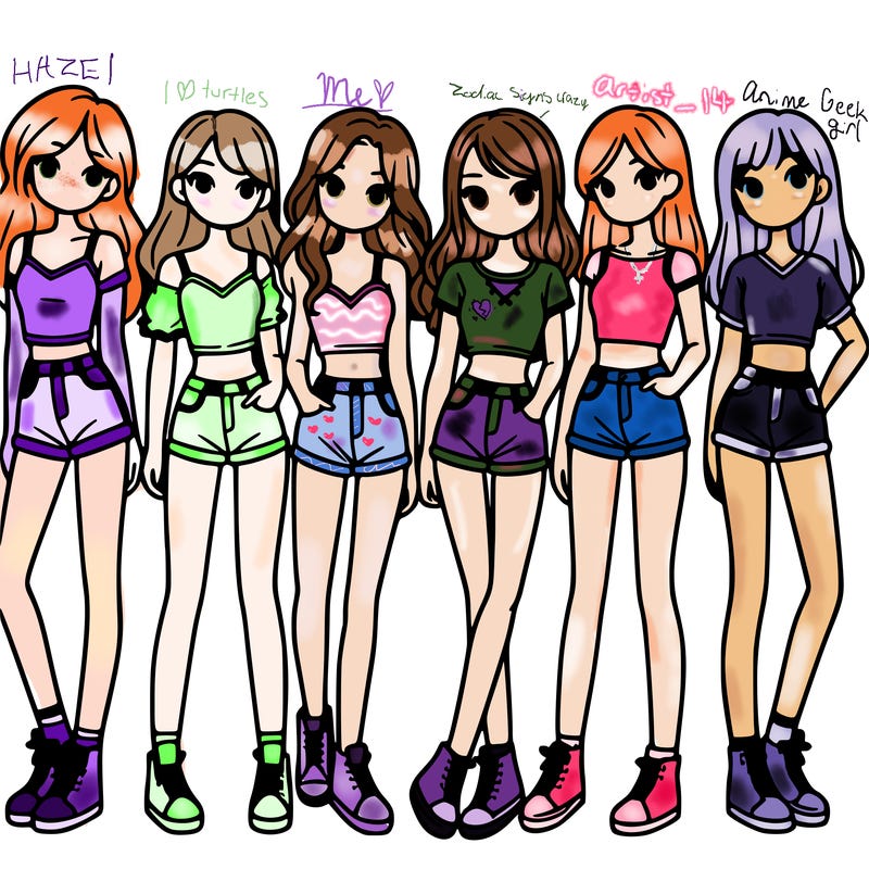 a group of girls wearing crop tops and shorts