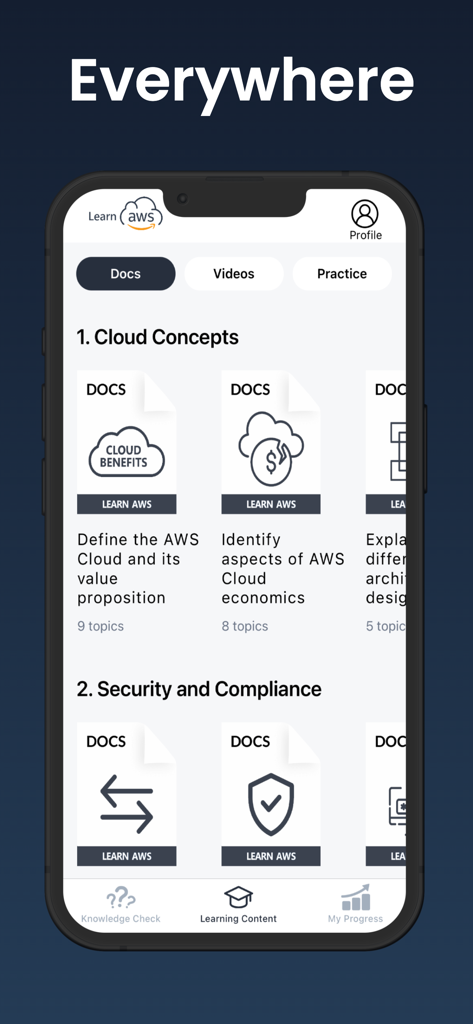 Écran de l'application Learn AWS affichant la documentation catégorisée pour les concepts cloud et la conformité de sécurité.