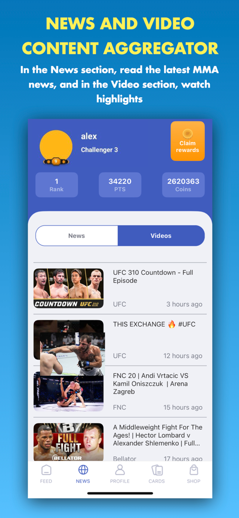 Stats Fight: Analysts League - Mobile app screen displaying MMA news and video feed from UFC and Bellator with user profile stats