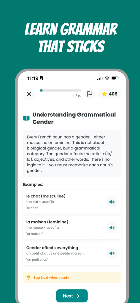 Frenchico - Learn French Fast - Frenchico app interface showing a lesson on grammatical gender in French with examples and audio options