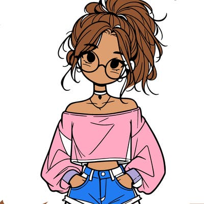 girl with a messy ponytail glasses a baggy crop top and jean shorts