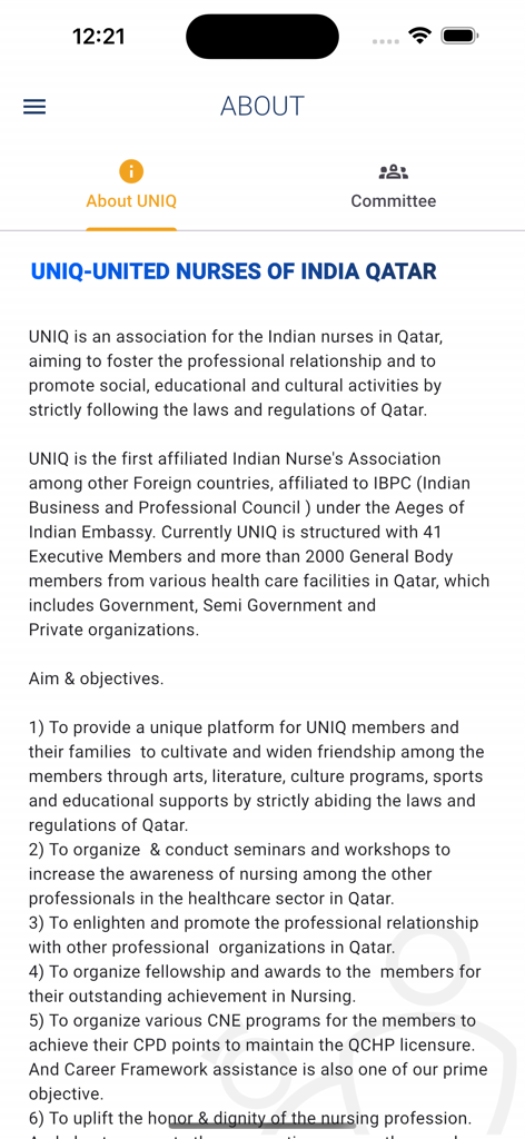 About screen of the UNIQ Qatar app showing the mission and objectives of the association