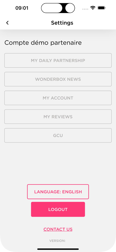 Wonderbox Partners - Le menu des paramètres de l'application professionnelle Partenaires Wonderbox montrant les options de gestion de compte