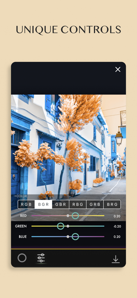 Full Spectrum Camera - Interfaz de la app Cámara de Espectro Completo mostrando botones de intercambio de canal de color y deslizadores de ajuste para efectos de fotografía infrarroja.