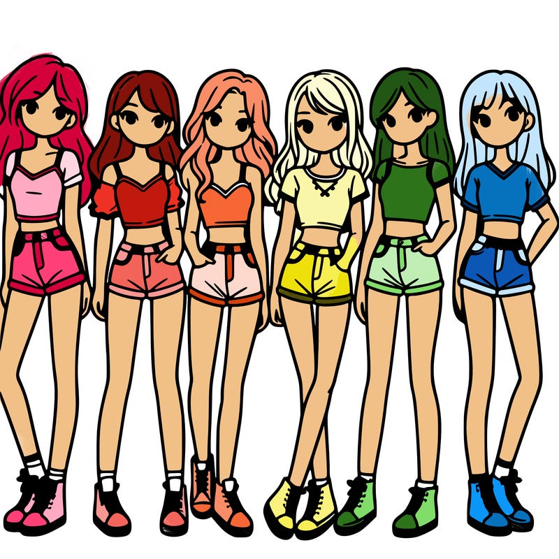 a group of girls wearing crop tops and shorts
