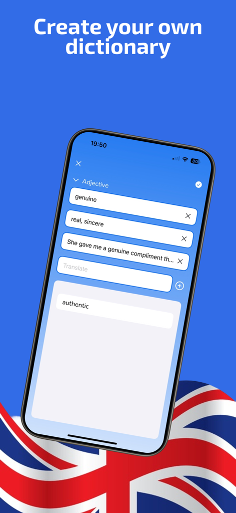 Easy Learn English! - Easy Learn English app interface showing the personal dictionary feature where users can add words and definitions.