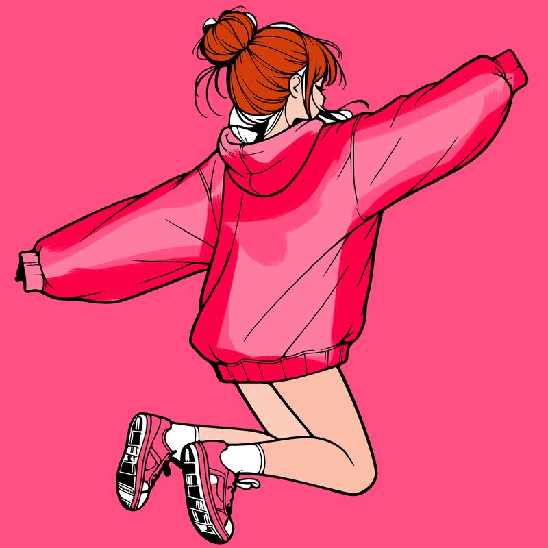 realistic girl jumping with a bun and oversized sweatshirt