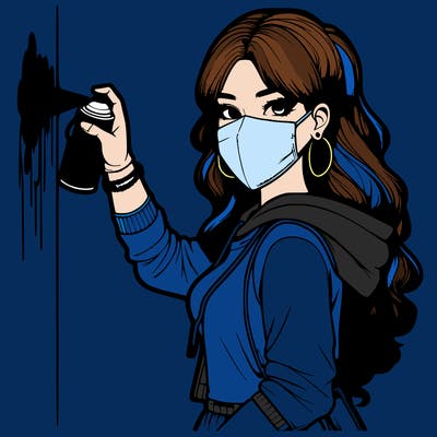 realistic girl with mask spray painting a wall