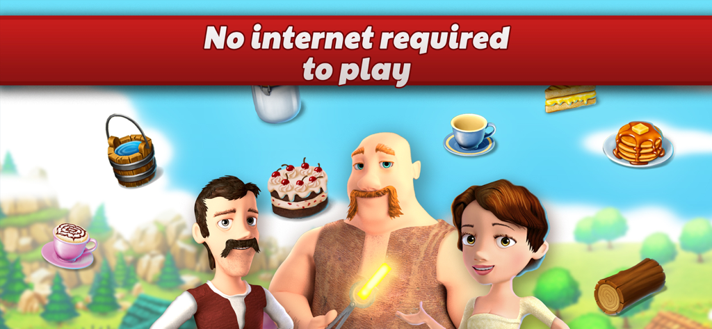 Zeichentrickfiguren und Lebensmittel aus Town Village, die zeigen, dass zum Spielen kein Internet erforderlich ist.