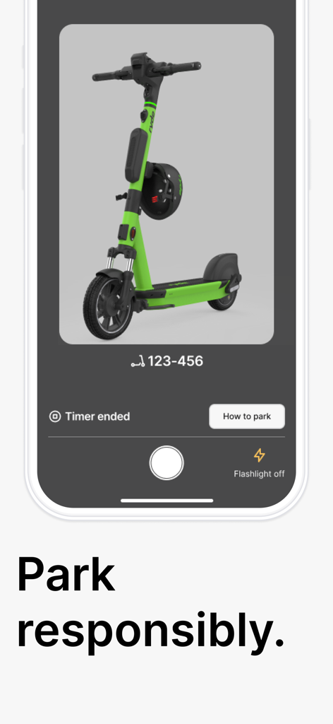 Ryde - Always nearby - Écran de l'application mobile Ryde affichant une trottinette électrique verte et un rappel de garer la trottinette de manière responsable.
