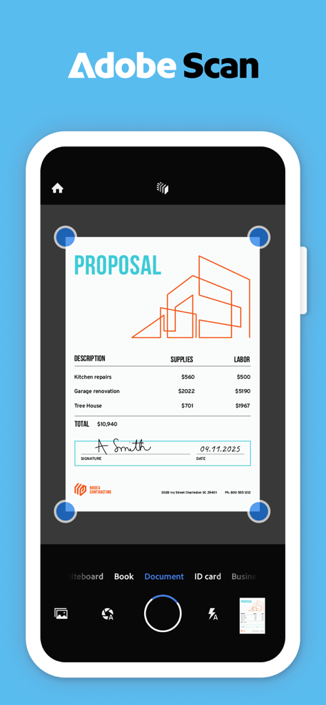 자동 테두리 감지 기능으로 비즈니스 제안서 문서를 스캔하는 휴대폰을 보여주는 Adobe Scan 앱 인터페이스