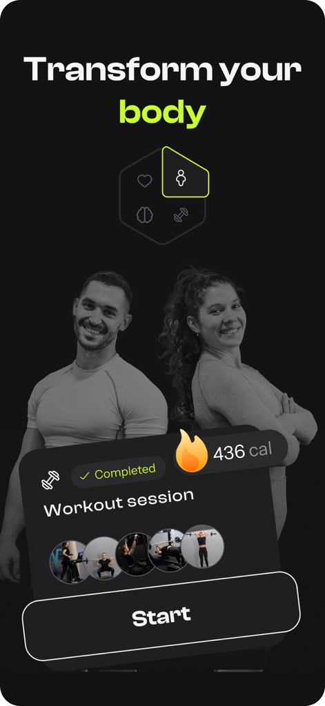 Oly: Personal Fitness Coach - Oly fitness app screen featuring a workout summary card and the headline Transform your body