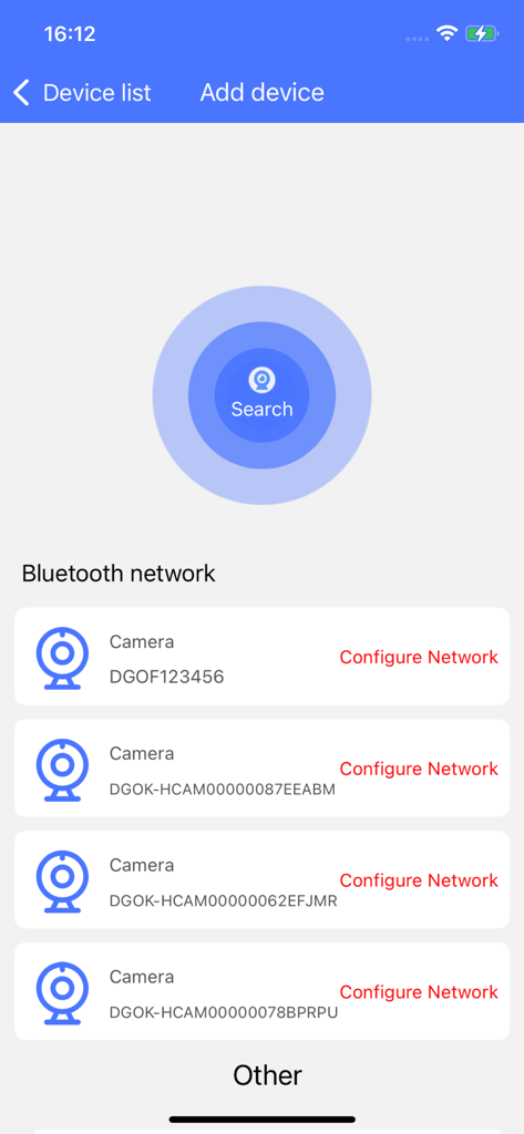 VI365 - Interface of the VI365 app showing a list of discovered Bluetooth security cameras ready for network configuration