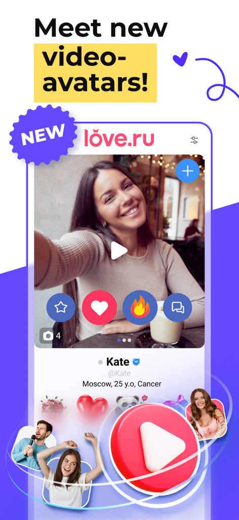 Love.ru - Dating, Chat, Meets - Love.ru Dating-App-Oberfläche, die ein Benutzerprofil mit der Video-Avatar-Funktion und digitalen Geschenken zeigt