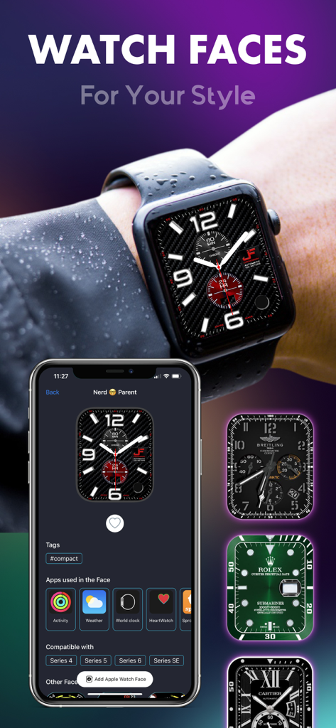 사용자 지정 디자이너 워치 페이스 옵션 및 앱 설정을 표시하는 iPhone 및 Apple Watch.