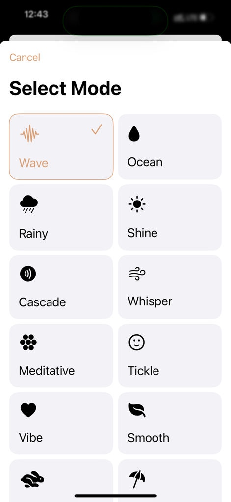 Vibrator・Massager Vibrate App - Select Mode screen showing different vibration patterns like Wave Ocean and Rainy in the Vibrator Massager app